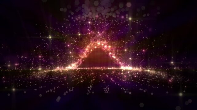 Glowing triangle frame with sparkling gold particles and bokeh stage lights award motion background