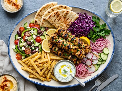 Traditional greek souvlaki platter with grilled chicken skewers pita bread french fries fresh