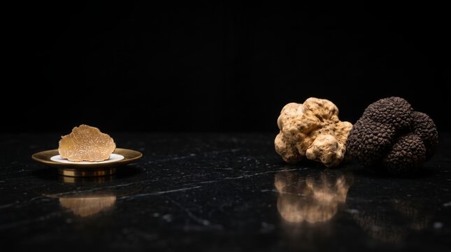 Black and white truffles with sliced white truffle