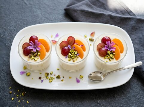 Chia pudding cups topped with fruit and pistachios on white platter, pistachio