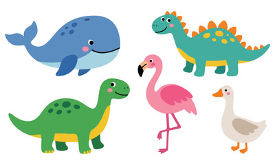 Cute animals and dinosaurs character set. Whale, stegosaurus, diplodocus, flamingo, and duck icons collection. Flat vector illustration © PNGSTORE