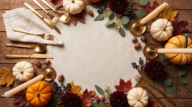 Top view of a blank paper card surrounded by autumn pumpkins leaves and cutlery on a rustic wooden background