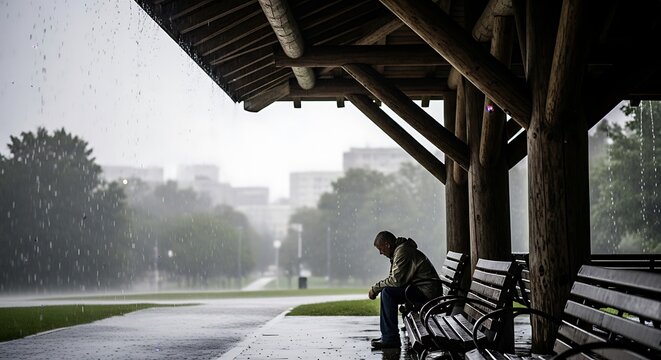 A lonely person sits on a wooden bench during heavy rain