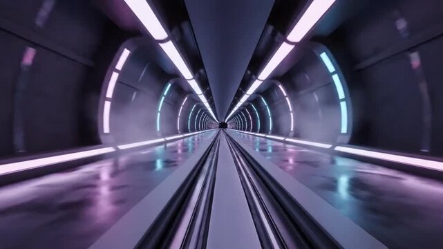 Futuristic Subway Tunnel: A sleek, modern subway tunnel with glowing neon lights in shades of blue and pink creates a sense of speed and advanced technology.