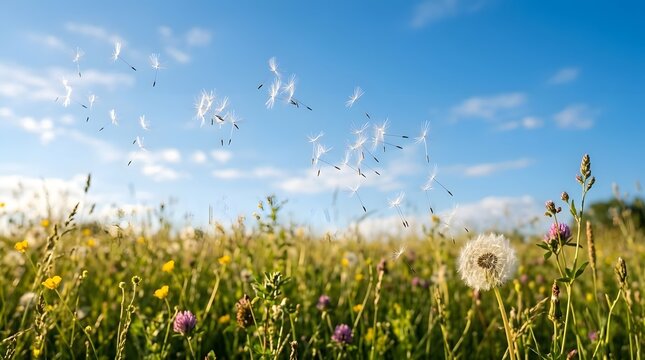 Flock of white doves flying over wildflower meadow under clear blue sky for peace and freedom concept