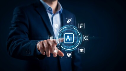 Obraz premium Businessman touching AI technology interface with digital icons representing business education and healthcare