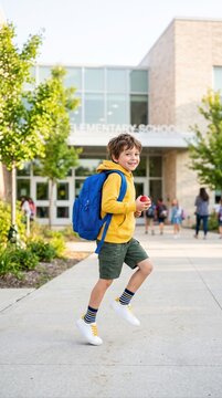 young boy joyfully entering school building carrying backpack and holding a small ball