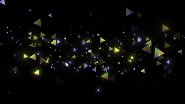 Colorful glowing triangles drift across black space soft blur, prism gradients, and layered depth. music visuals, gaming intros, 19 promos, club screens, social , abstract transitions, ads.