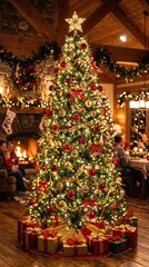 Fototapeta premium beautifully decorated christmas tree with gifts in cozy living room, holiday celebration