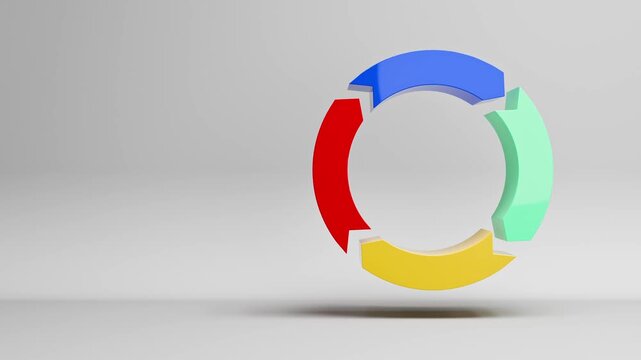 4 round arrows in yellow, red, blue, green rotating in a cycle on a seamless grey background - metaphor for continuous improvement. Shewhart cycle or other iterative processes. Copy space