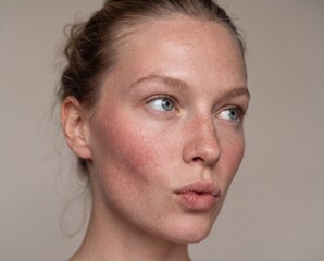 Fototapeta premium Freckled woman with facial redness sensitive skin and uneven complexion close up