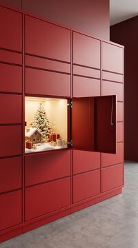 modern red cabinet with christmas miniature village scene in the niche, festive interior decoration