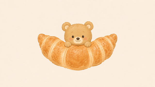 北欧風デザインのクロワッサンから顔を出す子グマのイラスト