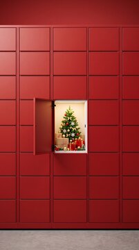 christmas gift locker with illuminated open door revealing festive decorations and small tree