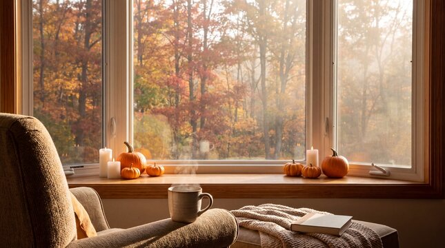 Cozy autumn scene with a warm cup of coffee and pumpkins on a window sill overlooking a forest landscape