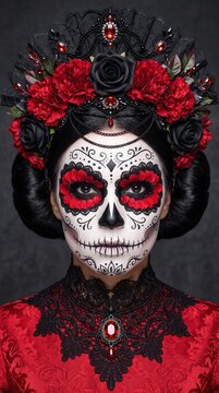 woman with sugar skull makeup and floral headdress celebrating dia de los muertos
