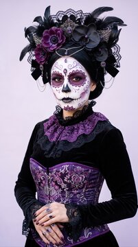 woman in traditional day of the dead makeup and costume with floral headdress