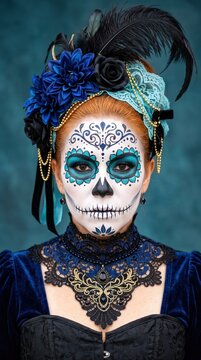 woman with sugar skull makeup and ornate costume for dia de los muertos celebration