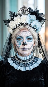 dia de los muertos celebration woman in traditional makeup and costume with floral headpiece