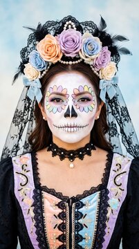 young woman in vibrant day of the dead costume with colorful skull makeup and floral headdress