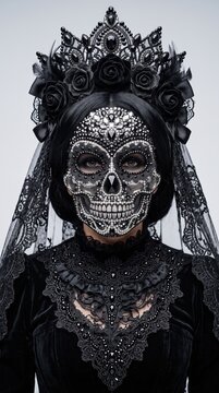 halloween portrait of woman with sugar skull makeup wearing ornate black costume and crown