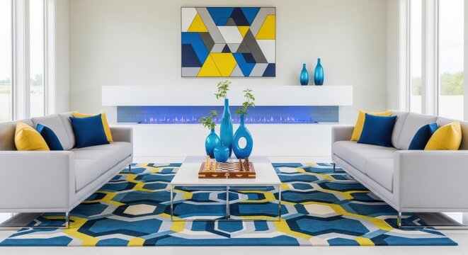 Modern living room featuring vibrant geometric patterned rug and blue accents