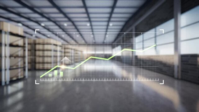 Industrial warehouse with rising financial graph overlay, upward trend, business growth, increasing revenue, market recovery, logistics performance, supply chain expansion, manufacturing success.