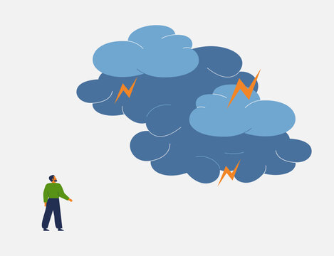 Man looking on big dark massive clouds with lightning. Depression and crisis in life and business. mental health Flat vector illustration