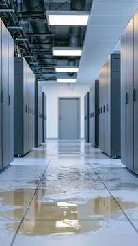 Data center corridor with water on floor, showing IT infrastructure damage and system vulnerability