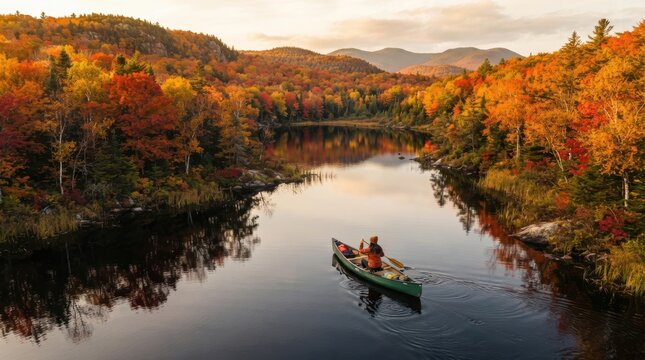Serene autumn canoe trip on a calm lake surrounded by vibrant fall foliage