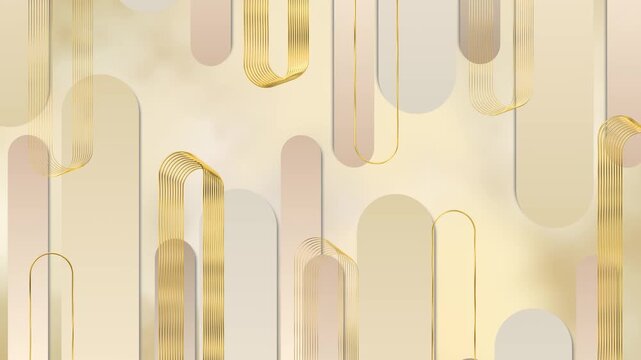 Minimal warm cream background features forms, fine golden outlines, soft shadows, depth. beauty ads, luxury packaging, fashion promos, corporate slides, product displays, modern titles, quiet motion
