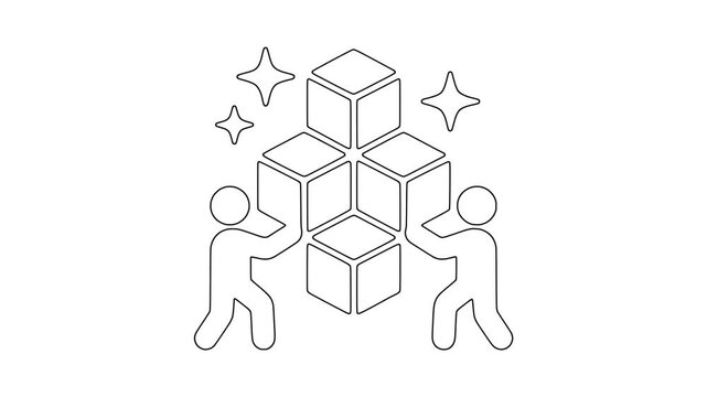 People building stacked cubes team construction icon animation