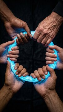 Diverse hands holding glowing blue ring on dark background representing unity and future technology