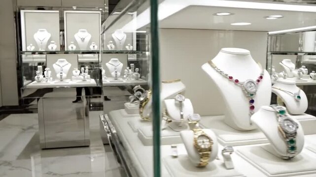 Luxury Jewelry Display: An elegant display of exquisite jewelry, including necklaces, bracelets, and watches, showcased in a high-end boutique.