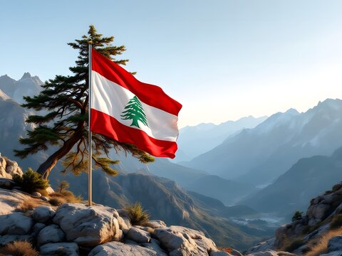 Lebanese flag waving atop mountain rocky landscape scene