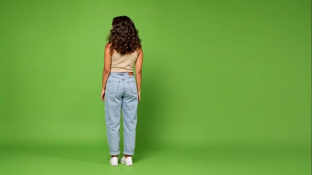 Woman turning around on green background