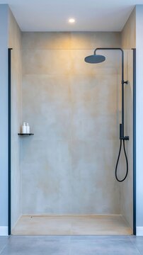 Modern walk in shower with matte black fixtures, beige tiles, and glass partition in a contemporary bathroom