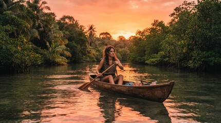 Fototapeta premium Woman paddling canoe through lush jungle river at sunset