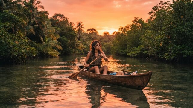 Woman paddling canoe through lush jungle river at sunset