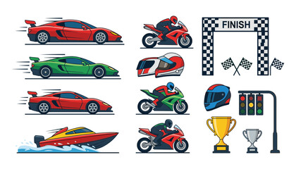 Naklejka premium Set of racing cars, motorcycles, helmets, trophies, finish line and traffic lights