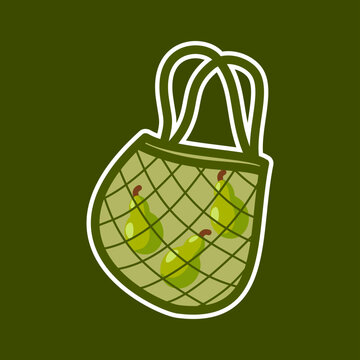 Cute eco-friendly vector sticker of a reusable string mesh bag filled with green pears