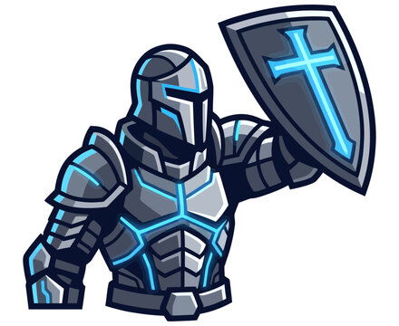 Knight templar in futuristic armor raising a glowing blue cross shield for defense.