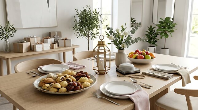 Eid al Adha festive dining table setup with traditional sweets and elegant home decor