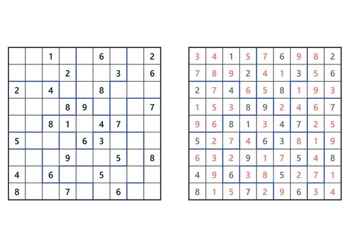 Sudoku puzzle grid with partial solution and completed grid  