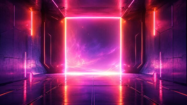  futuristic corridor illuminated by vibrant purple and pink neon lights, with a glowing rectangular portal revealing a cosmic, starry background.