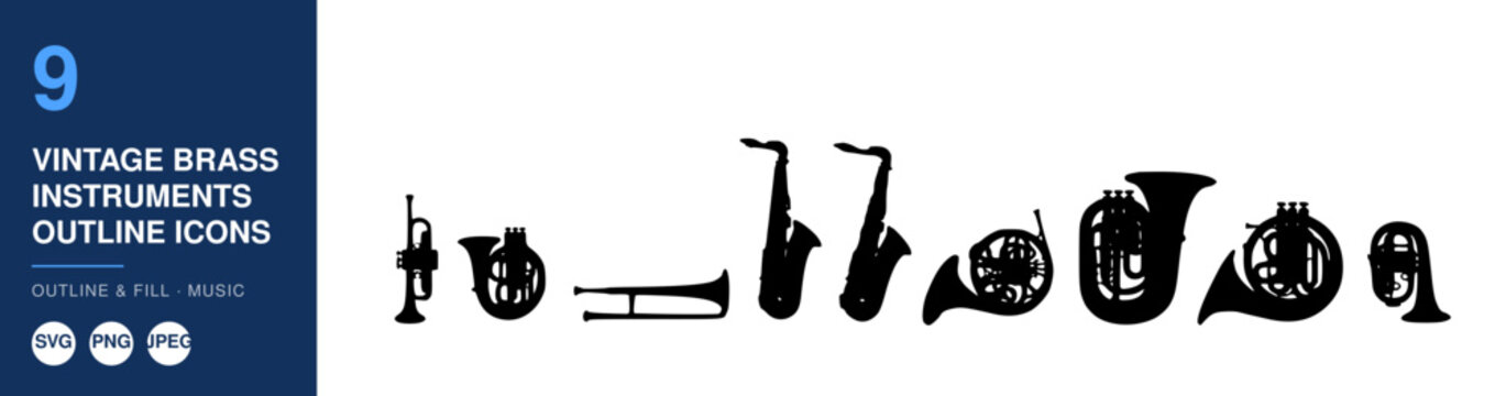 Vintage Brass Instruments Outline Icons, Nameplate Design, Music Concept, Vector Illustration, Graphic Design