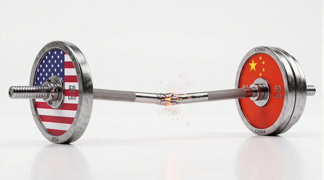 weightlifting barbell with usa and china flag weight plates bending and snapping under pressure isolated on white background, trade war, geopolitical strain, economic rivalry and superpower collapse c