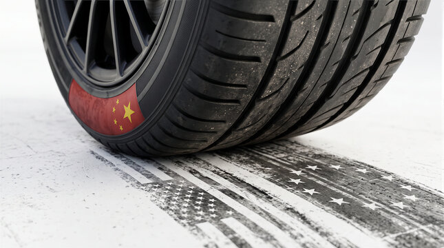 car tire with china flag wall leaving skid mark with usa and european union flags isolated on white background, chinese electric vehicle market expansion, automotive trade war and global dominance con