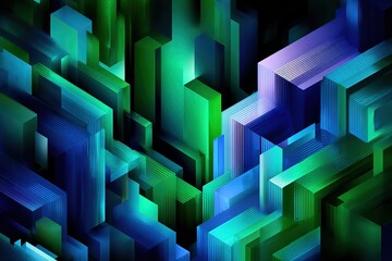 Fototapeta premium Abstract 3D geometric background with glowing blue and green rectangular pillars.