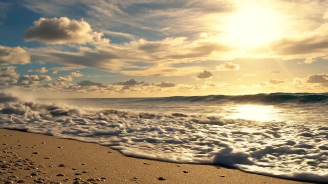 Ocean Serenity at Sunrise: Gentle waves lap onto a pristine sandy beach as the sun's golden rays pierce through scattered clouds, illuminating the tranquil ocean.